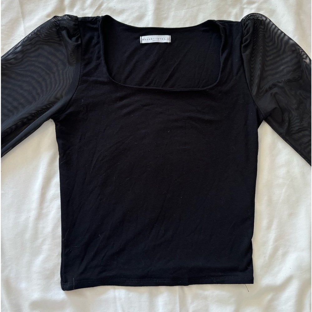 Wasabi+mint black top with mesh sleeves size S